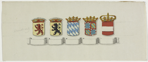 544 De gekroonde wapens van de huizen van Holland, Henegouwen, Beieren, Bourgondië en Oostenrijk, met een ...