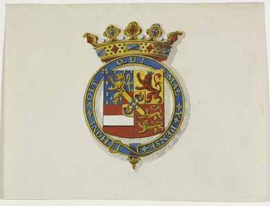 545 Het gekroonde wapen van Oranje-Nassau met lijfspreuk als ketting rondom, vroeger deel uitmakend van een titelblad ...