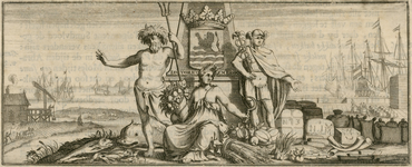 551 Het gekroonde wapen van Zeeland op een zuil, geflankeerd door Neptunus, Mercurius en de godin van de overvloed, ...
