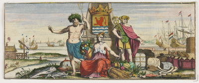 552 Het gekroonde wapen van Zeeland op een zuil, geflankeerd door Neptunus, Mercurius en de godin van de overvloed, ...