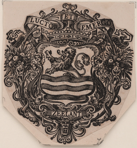 554 Luctor et emergo. Zeelant. Het gekroonde wapen van Zeeland, versierd met bloemen, guirlandes en een leeuwenkop
