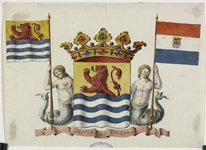 556 Luctor et Emergo. Het gekroonde wapen van Zeeland, gehouden door een zeemeermin en zeemeerman met de vlaggen van ...