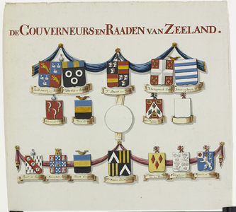 580 De Gouverneurs en Raaden van Zeeland. De wapens van de gouverneur en raden van Zeeland in 1574, jhr Arent van Dorp, ...