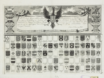 584-1 Wapenkaart van de burgemeesters van Middelburg, met opdracht, gehouden door putti, met stadswapen en geflankeerd ...