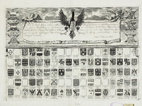 584-1 Wapenkaart van de burgemeesters van Middelburg, met opdracht, gehouden door putti, met stadswapen en geflankeerd ...