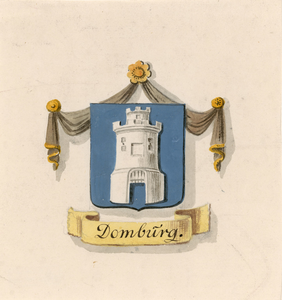 590 Domburg. Het wapen van de stad Domburg, met draperie en guirlande