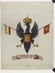 592 Medioburgum Zelandorum. Het wapen van de stad Middelburg met de arend, keizerskroon, 2 stadsvlaggen en guirlande, ...