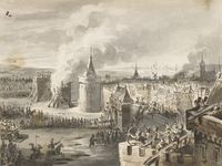 6 Het beleg van de stad Zierikzee door de Vlamingen, met brandende belegeringstoren en op de achtergrond schepen en een molen