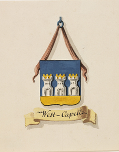 601 West-Capelle. Het wapen van de stad Westkapelle, met draperie en guirlande, voorheen deel uitmakend van een ...