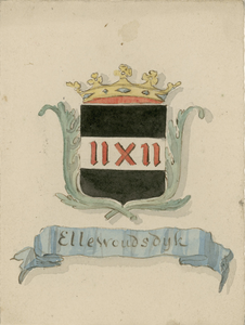 606-3 Ellewoudsdijk. Het gekroonde wapen van de heerlijkheid Ellewoutsdijk, met bladeren en guirlande