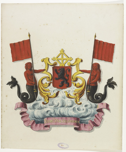 623 ZiricZea Zelandorum. Het wapen van de stad Zierikzee, gehouden door zeemeerman en zeemeermin met vlag, gouden ...