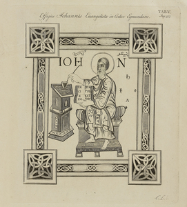 680a-5 Effigies Johannis Evangelista in Codice Egmundano. Afbeelding van de evangelist Johannes schrijvend aan een ...