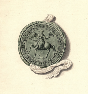 685 Het zegel van graaf Willem I van Holland (1203-1222) te paard met een valk op de handschoen en onder een hond ...