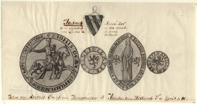 692 Het wapen en de zegels en contrazegels van Jan van Avesnes, graaf van Henegouwen en zijn echtgenote Aleidis van ...