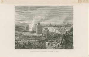 7 Het beleg van de stad Zierikzee door de Vlamingen, met brandende belegeringstoren en op de achtergrond schepen en een molen