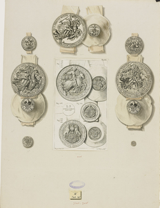 705-706 Blad met opgeplakte afbeeldingen van zegels van de hertogen van Bourgondië en graven van Holland