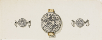 718 Het zegel van Adolf van Bourgondië, heer van Veere en Vlissingen, geflankeerd door de penning (voorzijde, ...