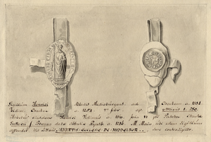 753 Het zegel en contra-zegel van abt Henricus (1307-1316) van de O.L.V. Abdij te Middelburg, met onderschrift ...