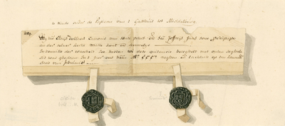 755 Facsimile van een deel van een charter, een kennisgeving van Clais Bollaerd, kanunnik van de Abdij van Middelburg ...