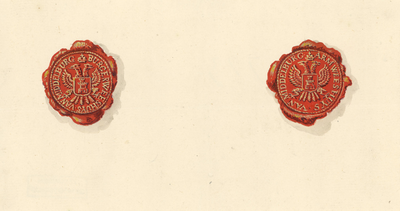773 De zegels van het Burgerweeshuis en Armweeshuis te Middelburg, met het wapen van de stad Middelburg (circa 1800)