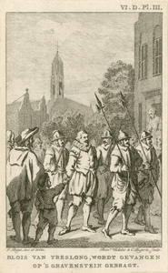 78 De luitenant-admiraal Willem Bloys van Treslong wordt geleid naar het Gravensteen te Middelburg om daar gevangen ...