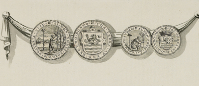 813-1 Twee gedenkpenningen (voor- en keerzijde) op het voornemen de hoge overheid over te dragen aan de prins van ...