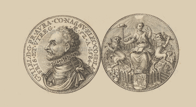 819-1 Een penning (voor- en keerzijde) op de opdracht van de grafelijke titel aan de prins van Oranje