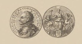 819-1 Een penning (voor- en keerzijde) op de opdracht van de grafelijke titel aan de prins van Oranje