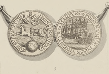 825-3 Een gedenkpenning (voor- en keerzijde), geslagen in Zeeland, op de verovering van een Spaans galjoen bij Sint ...