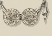 825-5 Een gedenkpenning (voor- en keerzijde), geslagen in Zeeland, op de overwinning op de Spaanse galeien onder Spinola