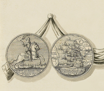 830-1 De penning (voor- en keerzijde), geslagen bij de overwinning van de Zeeuwen onder M. Hollare op de Spanjaarden in ...