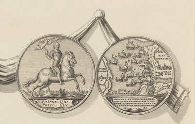 830-4 De penning (voor- en keerzijde), geslagen bij de overwinning van de Zeeuwen onder M. Hollare op de Spanjaarden in ...