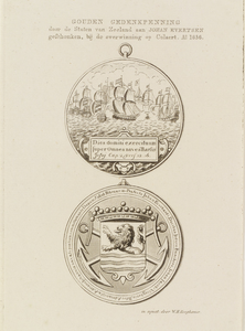 831 De gouden gedenkpenning (voor- en keerzijde) door de Staten van Zeeland geschonken aan Johan Evertsen bij de ...