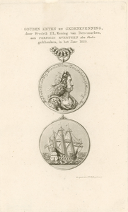 837 De gouden keten en gedenkpenning (voor- en keerzijde), geschonken door de koning van Denemarken, Fredrik III aan ...