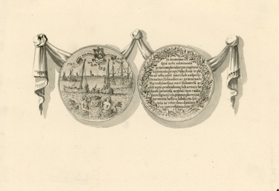 838 De penning (voor- en keerzijde), geslagen op het ophalen van goederen uit het voor Westkapelle gezonken schip van ...