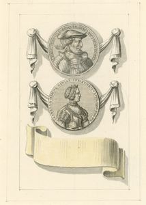849 De portretpenning (voorzijde) van koning Christiaan II van Denemarken en zijn gemalin Isabella van Oostenrijk