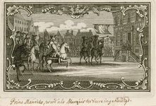 85 De ontvangst van prins Maurits door het stadsbestuur van Veere voor het stadhuis, bij de inhuldiging als markies van ...