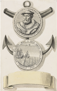853 De portretpenning (voor- en keerzijde) van Adolf van Bourgondië, heer van Beveren en Veere, admiraal van de zee