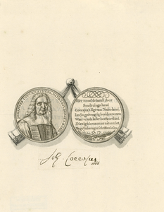 858 De portretpenning (voor- en keerzijde) van Johannes Coccejus (1603-1669), theoloog, 1669, bijgevoegd zijn ...