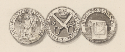 865-17 De penning (voor- en keerzijde) en de begrafenispenning en van het Middelburgs kleermakersgilde