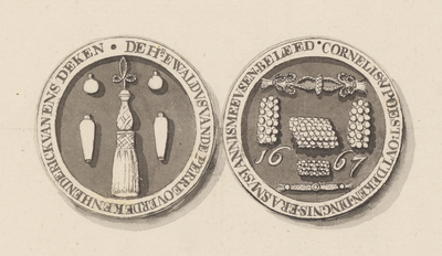 865-21 De penning (voor- en keerzijde) van het Middelburgs knoop- en passementmakersgilde