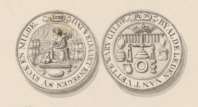 865-25 De penning (voor- en keerzijde) van het Middelburgs vettewariers-, graankopers-, kannen- en glasverkopersgilde