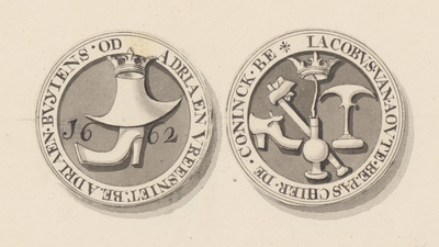 865-9 De penning (voor- en keerzijde) van het Middelburgs schoenmakersgilde