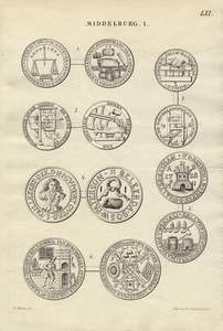866-1 Middelburg 1. De penningen van Middelburgse gilden:1. balanskinderen (1674); 2. boekdrukkers enz. (1631); 3. ...