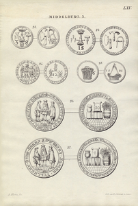 866-5 Middelburg 5. De penningen van Middelburgse gilden:23. kuipers (1592); 24. kuipers (1640); 25. makelaars (1595); ...