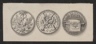 875 De penning (voor- en keerzijde) van de schutterij van de Edele Busse te Middelburg en een begrafenispenning, (circa 1800)