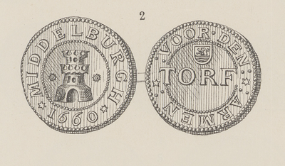 880-11 (2) Turfloodje, armenpenning (voor- en keerzijde) van de diaconie van Middelburg, parelrand, burcht (stempel ...
