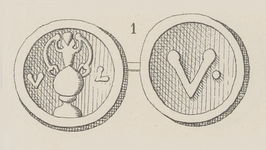 880-18 (1) Presentiepenning van de raad van Vlissingen (voor- en keerzijde), fles, letters VL, cijfer V (lood)