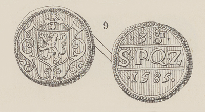 880-26 (9) presentiepenning van de raad van Zierikzee (voor- en keerzijde), letters S.P.Q.Z., wapenschild Zierikzee ...