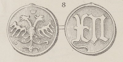 880-8 (8) Presentiepenning van de raad van Middelburg (voor- en keerzijde), dubbele arend, kroon, en cijfer XII (tin, lood)
